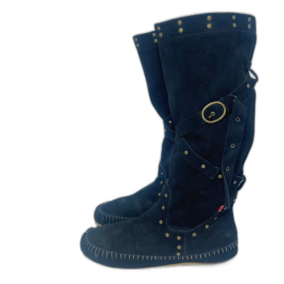 BC Footwear Women's Straight A's Black Suede Moccasin Boots Studded Size 9 - Picture 2 of 12